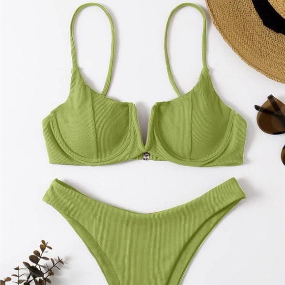 Lime Green Swim Summer Beach Ribbed Bikini Set V Wired Underwire Cami Bra - Picture 1 of 4